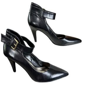 Nine West Pegglu Pumps Size 9.5M Black Leather Ankle Strap Stiletto Office Heels